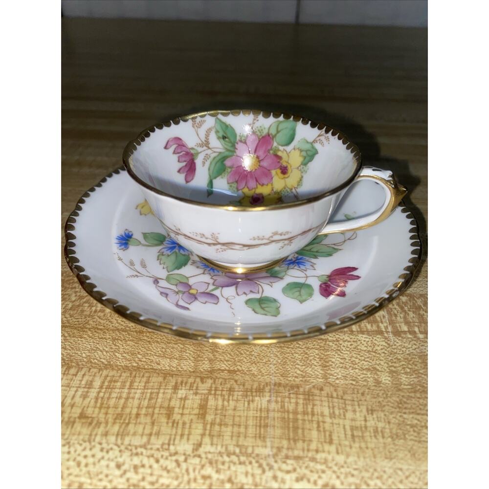 2 Pc Tuscan Floral Teacup & Saucer Set Gold Trim English Vintage Mixed Tea